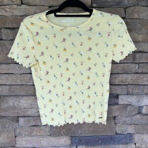 Hollister Women's Yellow Strechy Floral Short Sleeve Size Small Teen‎ Baby Tee